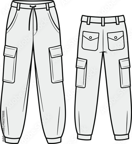 cargo jogger pants front and back view, cad drawing flat vector illustration, fashion technical sketch template, cuffed hem trousers, flap pocket detail, unisex apparel