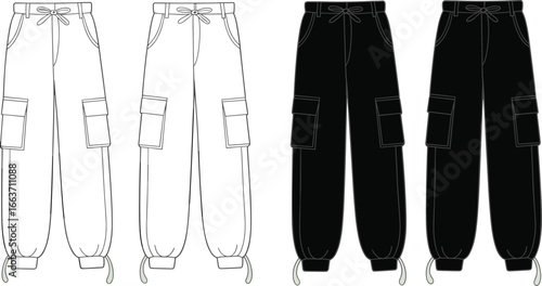 Cargo jogger pants front view, drawstring waist, pocket detailing, CAD flat vector illustration, fashion technical sketch, casual streetwear apparel design template layout