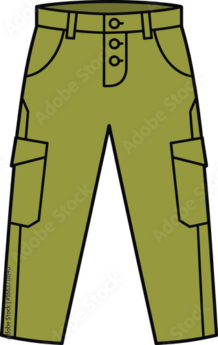 Cargo pants flat vector illustration, technical fashion design, CAD style trouser drawing, olive green pants, button front, utility pocket trousers, garment blueprint vector