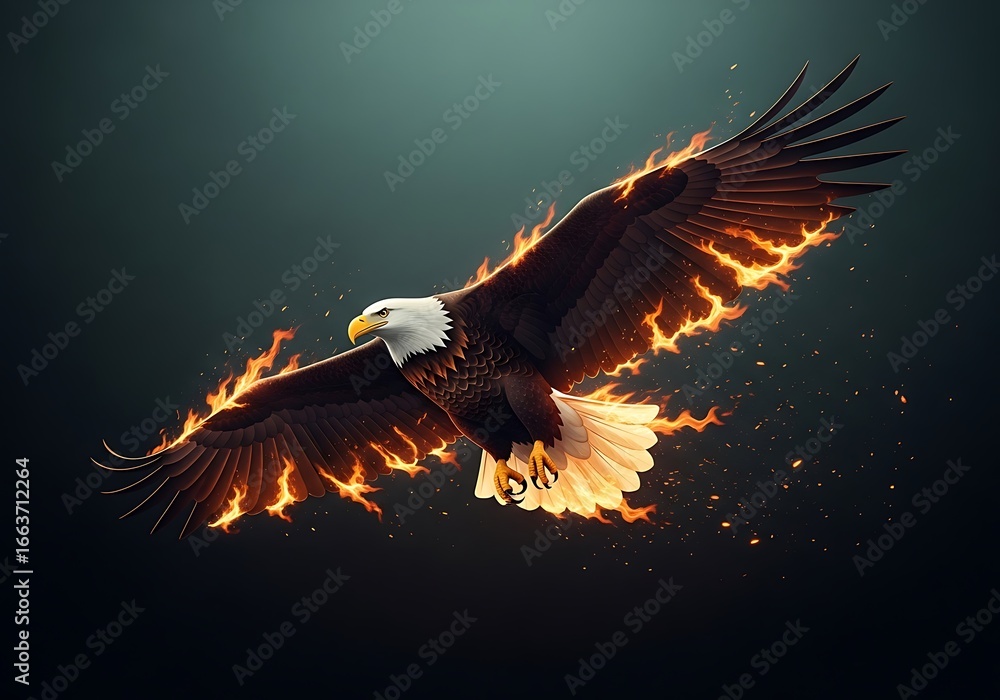 Obraz premium A bald eagle with wings on fire soars through the dark sky