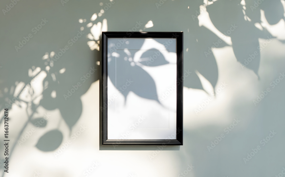 Fototapeta premium Blank framed art print mockup on a minimalist wall with natural leaf shadows for modern home decor projects and interior design presentations