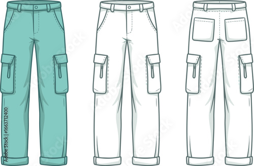 cargo pants rolled hem front and back view, cad drawing flat vector illustration, fashion technical template, zipper pocket detail, unisex trousers design sketch