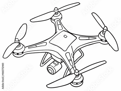 Vector style coloring page with a simple black outline drawing of a drone quadcopter