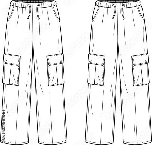Cargo pants front and side view technical sketch, fashion flat drawing with flap pockets, vector apparel template for design, production, and garment specification sheet