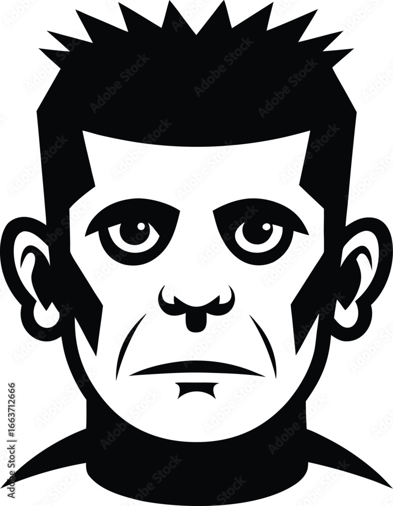 Fototapeta premium Stylized Portrait of a Stern Faced Man with Spiky Hair and Intense Gaze Depicted in Bold Black and White