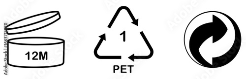 Period after opening 12m, plastic recycle code 1 pet, green point symbol icon collection on white background. PET 1 recycling, 12m jar, green dot, packaging icons. Vector illustration