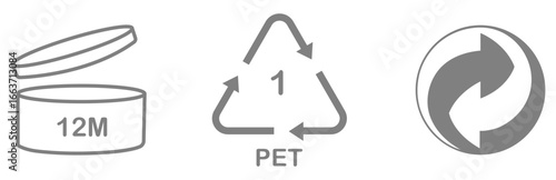 Period after opening 12m, plastic recycle code 1 pet, green point signs set on white background. Recycling PET, cosmetic expiry jar, green packaging icon, PAO. Vector illustration