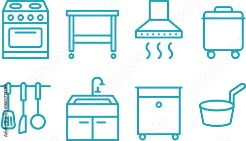 Kitchen Appliance Icon Set Stove, Sink, Extractor Hood and Utensils in Blue Outline
