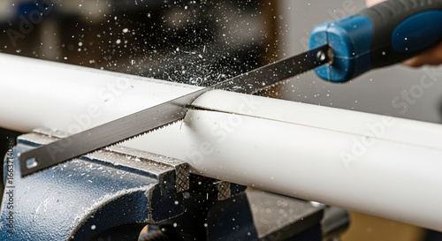 Close-up of hacksaw cutting white plastic pipe secured in a metal vise. DIY plumbing, construction, and home improvement project.