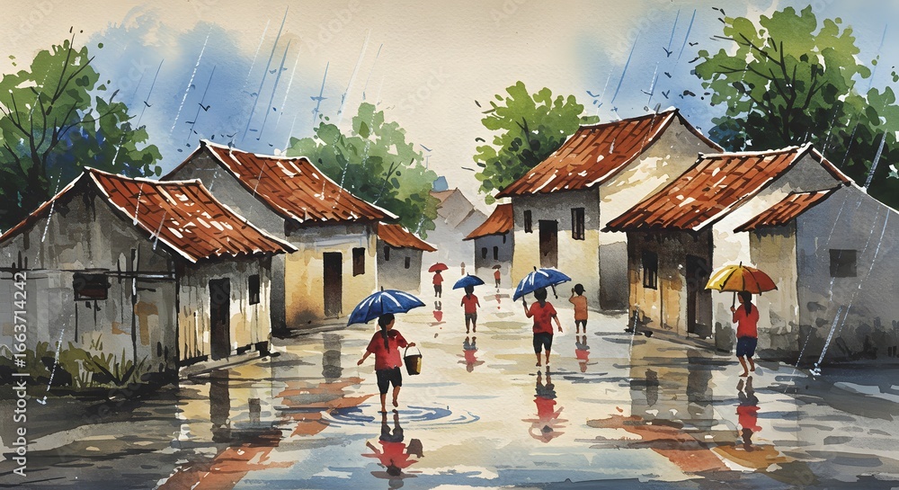 Obraz premium A beautiful watercolor painting of a rainy day in a Southeast Asian village. People with colorful umbrellas walk through flooded streets, reflecting the sky.