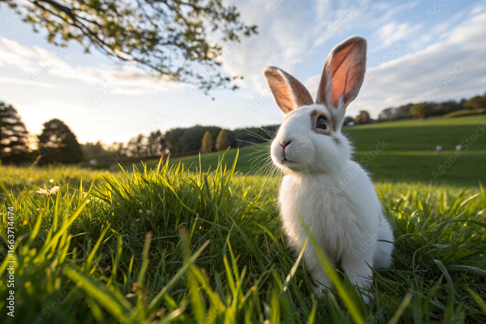 Fototapeta premium A close-up, wide-angle shot of a curious rabbit in a sun-drenched field with soft, textured fur