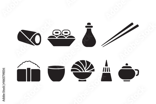 Japanese food icons set featuring sushi chopsticks and bowls