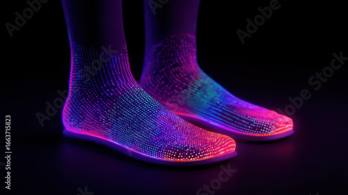 A pair of illuminated, colorful socks glowing in vibrant patterns against a dark background, showcasing a modern and artistic design.