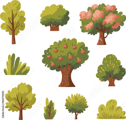 Cartoon trees and bushes collection, colorful forest plants, nature illustrations, green foliage, garden trees, fruit trees, shrubbery design, landscape elements, hand-drawn, 