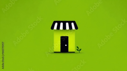 A green house with a black door and a white stripe