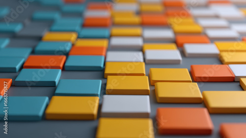 A vibrant arrangement of colored tiles in various shades, creating an abstract, visually appealing pattern on a flat surface.