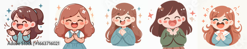 Cute Handdrawn Cartoon Girl Happy Gesture Expression Set Illustration