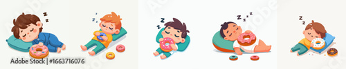 Cartoon Sleeping Boy Hugging Donut Sweet Dream Character Illustration
