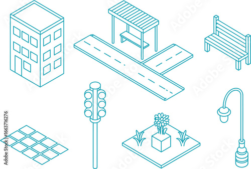 Outline Isometric City Elements Building, Road, Bench, Lights on White Background