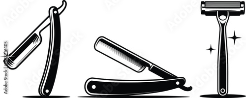 Straight Razor and Shaving Blade Illustration, Vintage Barber Shop Tools.