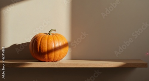 Single pumpkin on a wooden shelf with soft lighting and shadows