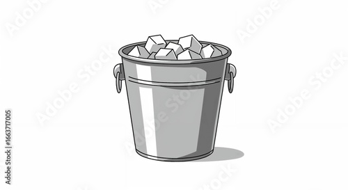 Metal bucket filled with ice cubes on white background for kitchen or beverage concept