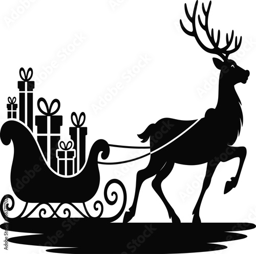 Christmas reindeer pulling sleigh filled with gifts, festive winter holiday symbol, black silhouette vector illustration, seasonal celebration, traditional Christmas design for decorations and prints
