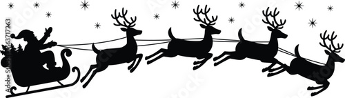 Christmas Santa Claus in Sleigh with Flying Reindeer, Winter Holiday Silhouette Illustration, Christmas Eve Scene, Festive Black Silhouette, Seasonal Decoration, Merry Christmas Design