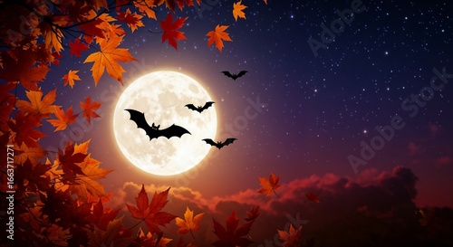 Full moon with bats flying over autumn leaves for Halloween night atmosphere concept