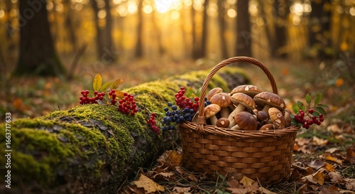 Mushroom basket with fresh forest mushrooms in autumn forest background during sunset