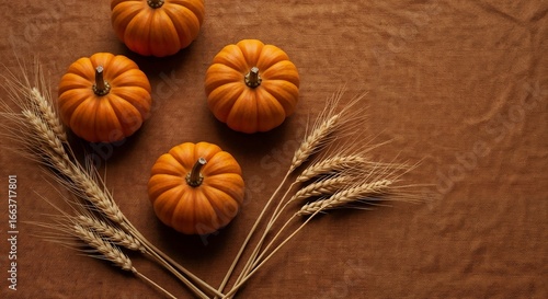 Autumn pumpkins with wheat on brown background for seasonal decoration concept
