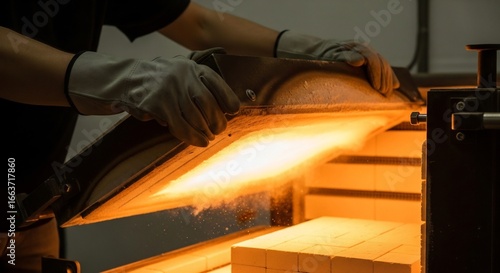 Skilled worker opening a high temperature furnace, revealing glowing industrial heat and ceramic bricks within