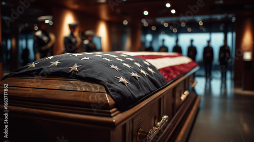 American flag draped over casket in solemn memorial service setting  