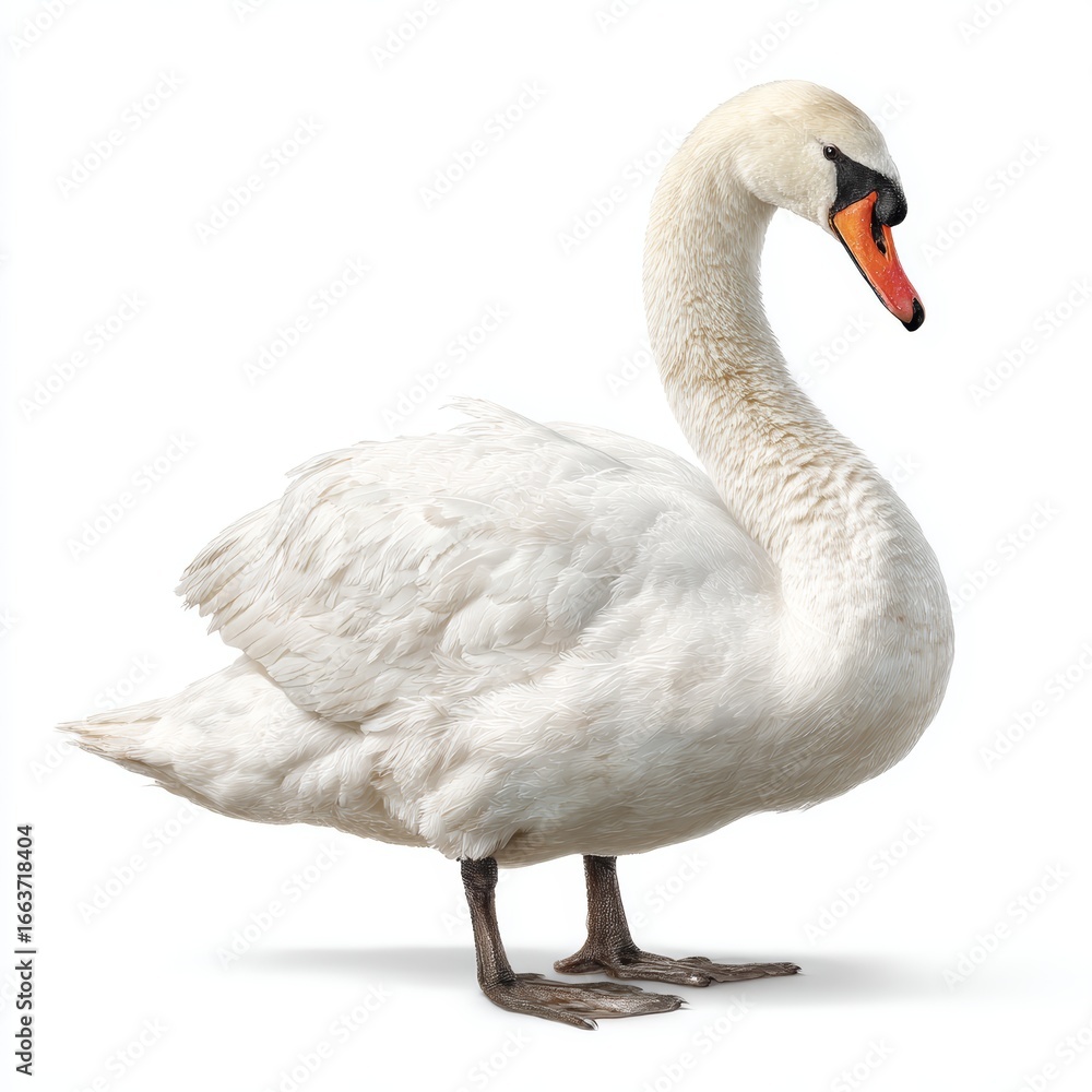Fototapeta premium A graceful swan with pristine white feathers standing proudly. The swan's elegant posture and bright features showcase its majestic appearance
