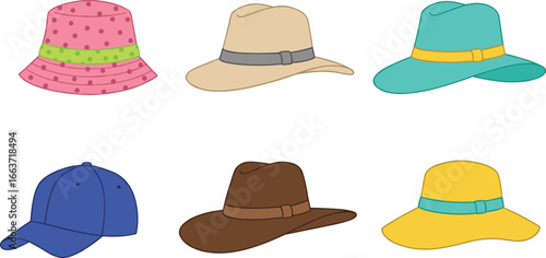 Collection of colorful cartoon hats, fashion headwear illustration, summer caps, stylish brim hats, vector accessories set, isolated on white background