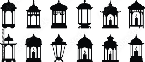 Lantern silhouette collection, candle holder design, vintage lighting, ornate decor, traditional lamp, festival decoration, vector illustration, black and white, isolated, decorative element set