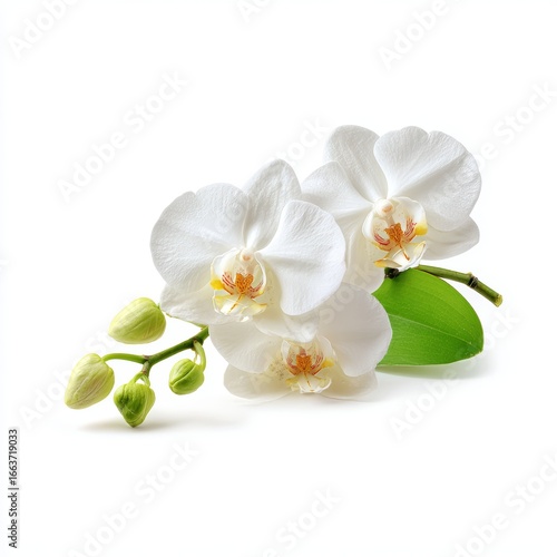 A delicate composition of pristine white orchids, displaying their elegant beauty. The orchids' petals are smooth and their centers have a soft yellow hue