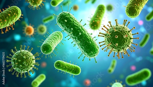 Detailed close-up view of various microscopic bacteria and viruses in vibrant green and orange tones against a light blue background.