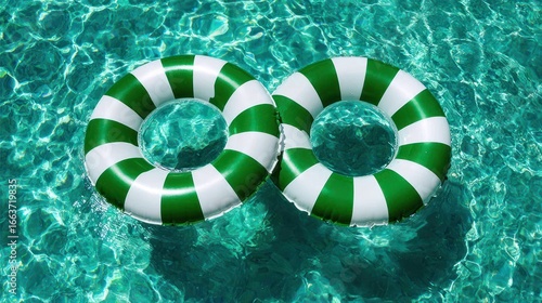 Two striped green and white floatation rings floating in clear, turquoise water, reflecting sunlight
