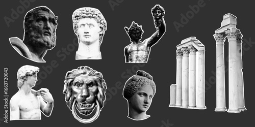 Set of ancient greek statue heads and columns, contemporary collages with halftone effect for modern art. Punk antique busts, vintage grunge Y2k aesthetic, stickers.