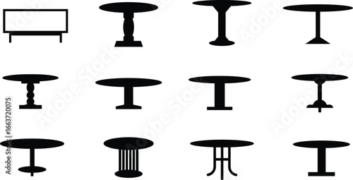 Collection of Modern and Vintage Table Silhouettes, Black Furniture Icons, Round and Rectangular Table Shapes for Interior Design Projects, Vector Art