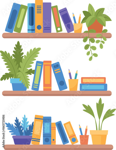 Colorful bookshelves with plants, organized stationery, cad drawing flat vector illustration, home office decor, learning space, creative lifestyle concept