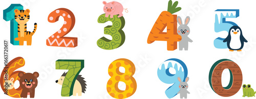 Colorful cartoon numbers with cute animals, educational kids design, number characters 0–9, preschool learning illustration, fun math concept, playful numeric figures, children counting art