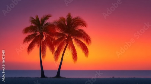 Two palm trees are standing on a beach at sunset