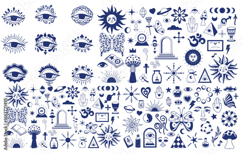 Magic background in retro style with hand drawn elements. Decorative mystical vector isolated pattern. editable stroke stickers. Esoteric element in minimalism. Collection of occult symbols tattoo art