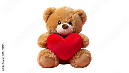 Adorable brown teddy bear holding a large red heart; Valentine's Day, romantic, love, affection.