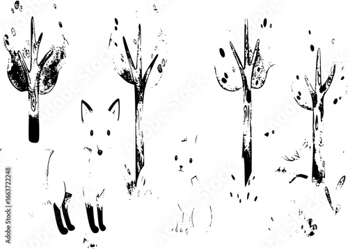 playful and charming watercolor illustration featuring woodland creatures like foxes, rabbits, and birds in a magical forest setting
