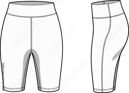 Compression leggings fashion sketch, high-waist workout design, drawstring waistband detail, cad drawing flat vector illustration, garment layout icon