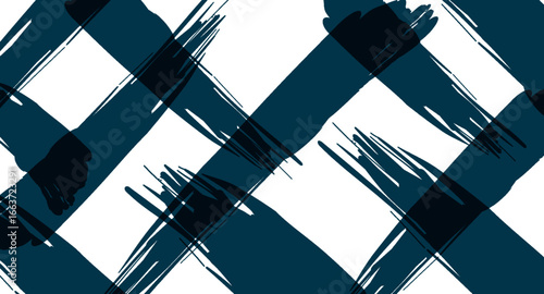 Abstract pattern features broad, diagonal brushstrokes in deep teal, creating a dynamic, plaid-like design against a clean white backdrop with an artistic and textural feel