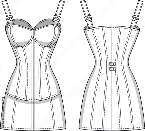 Corset Style Bodycon Dress with Straps, Fashion Flat Sketch, Lingerie-Inspired Dress Design, CAD Drawing, Apparel Vector for Designers